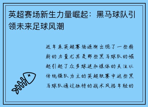 英超赛场新生力量崛起:黑马球队引领未来足球风潮 英超赛场新生力量崛起:黑马球队引领未来足球风潮